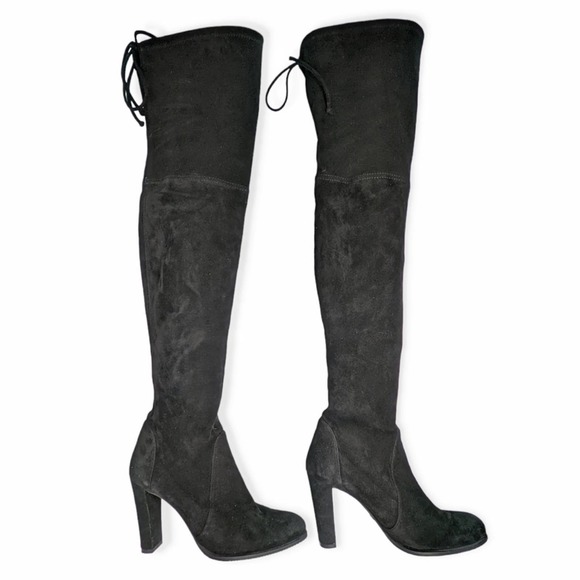 Stuart Weitzman Highland Over-The-Knee Tie Back Black Suede Heeled Boots 8.5 - Picture 3 of 16